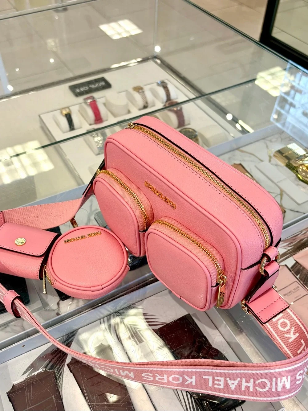 Michael Kors Pink Leather Triple-Pouch Crossbody Bag Carnation